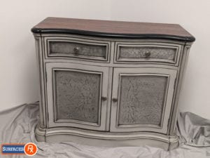 Crackle Accent Cabinet For Sale , Black Edging, Refinished Wood Top