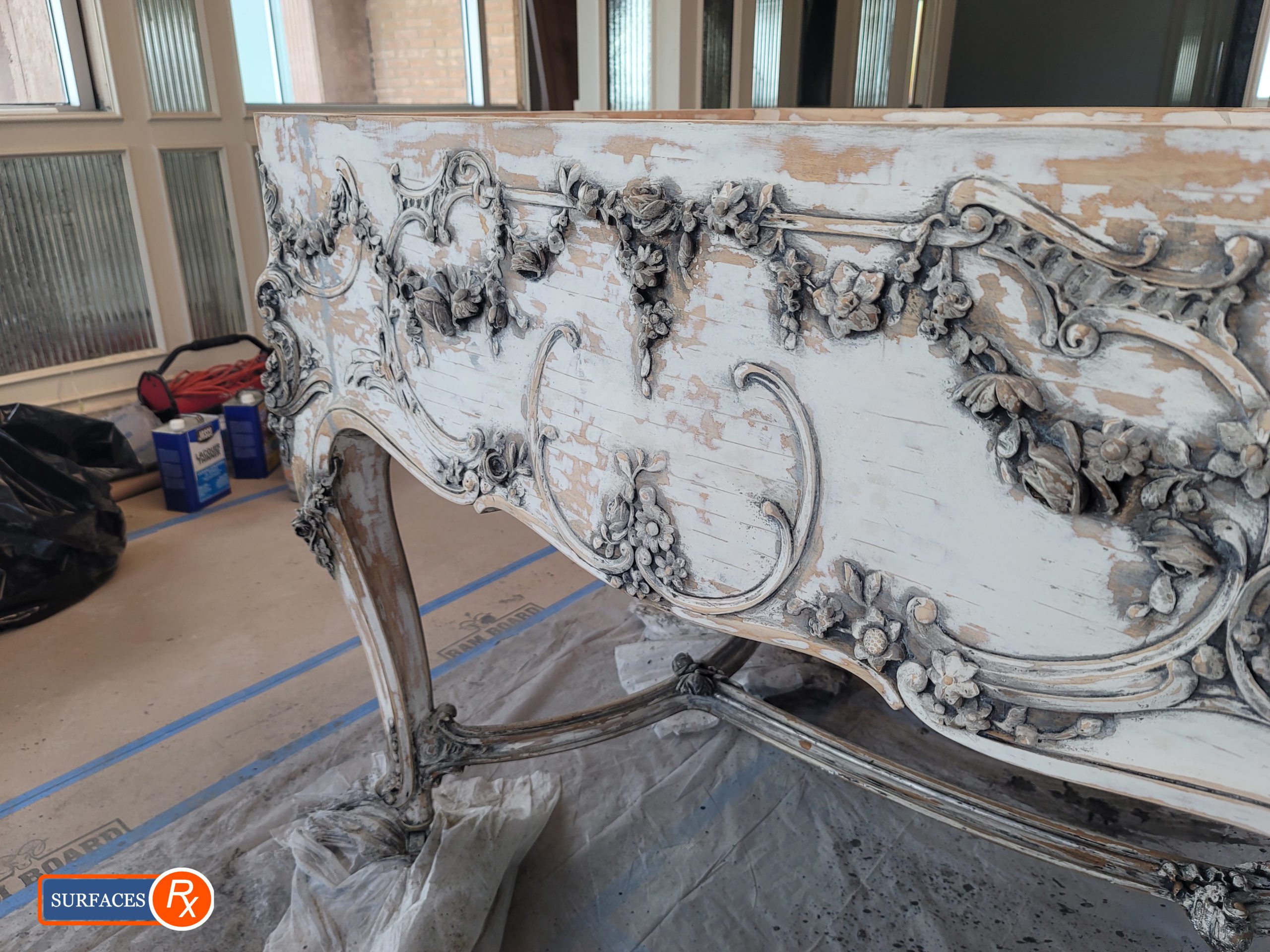 Grand-Piano-Refinishing-1 Wm Knabe & Co Louis XV Style Grand Piano During Refinishing by Surfaces Rx Dallas TX Side View